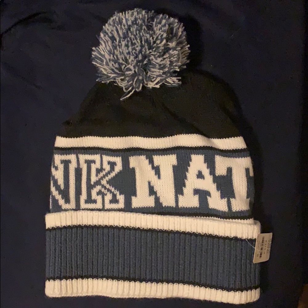 Pink Nation blue pom beanie
